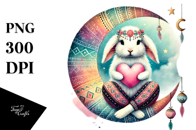 Boho Rabbit on Moon PNG