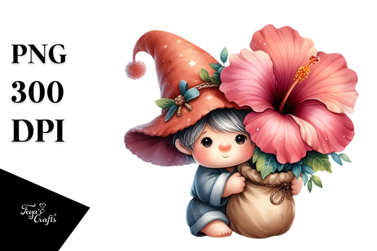 Cute Baby Gnome with Hibiscus PNG