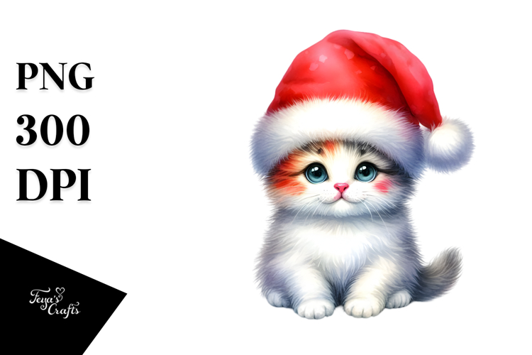 A Cute Watercolor Cat Sitting with Santa Hat, White