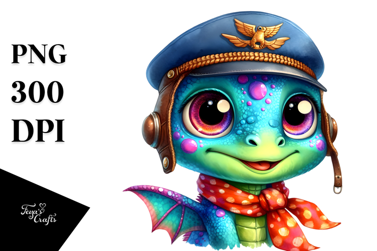Colorful Baby Dinosaur with Pilots Cap Vibrant PNG