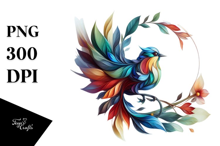 Abstract Vibrant Bird with Flowers PNG