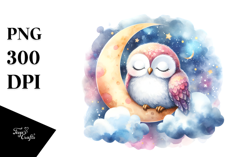 Vibrant Cute Baby Owl Sleeping on the Moon, PNG example image 1