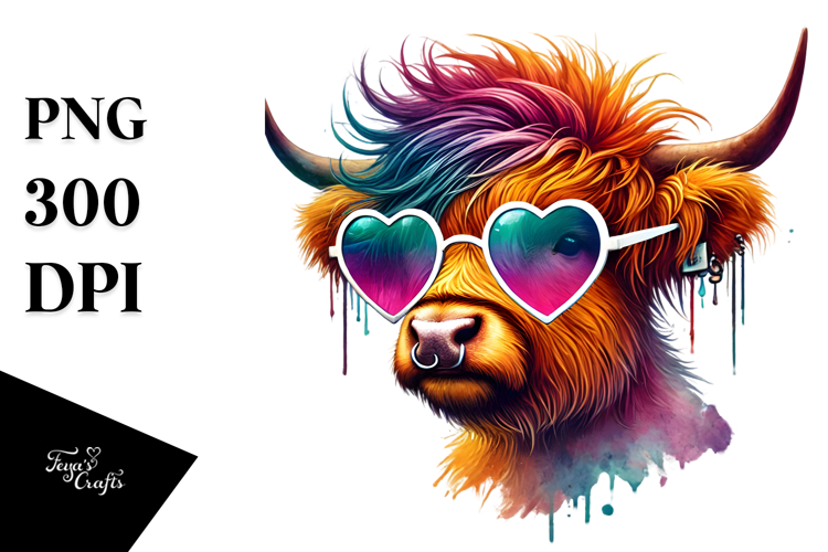 Vibrant Highland Calf with Sunglasses PNG