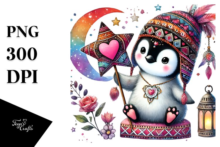 Boho Penguin Sitting on a Star PNG