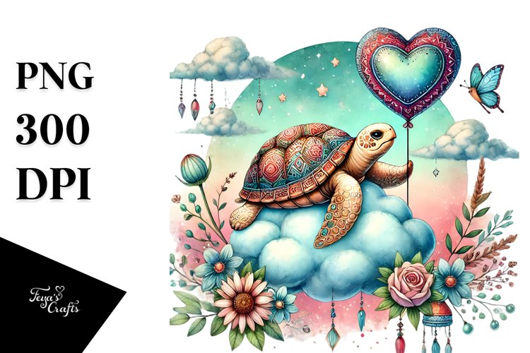 Boho Turtle Sitting on a Cloud PNG