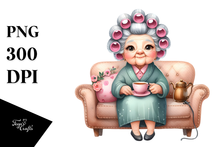 Old Lady Washing Hair Tea Cup Clipart