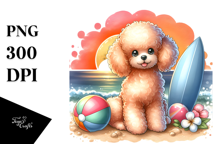 Watercolor Poodle Surf Ball Sunset Clipart