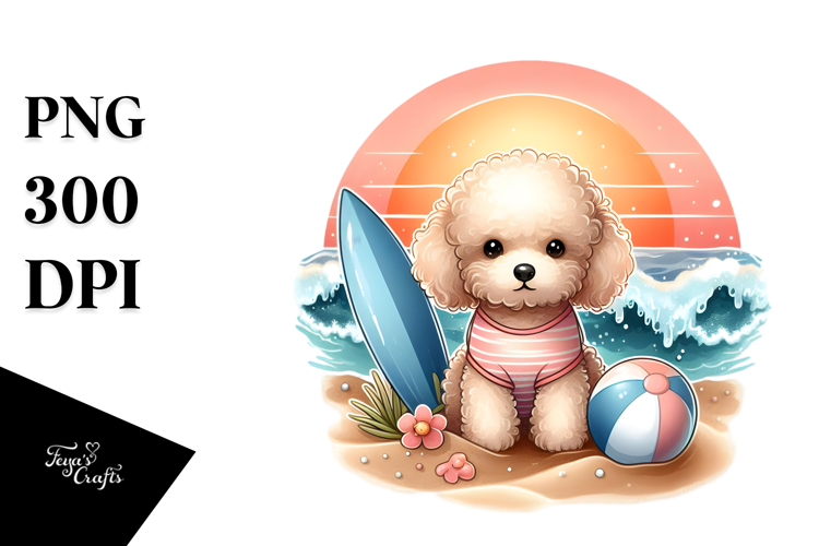 Watercolor Poodle Surf Ball Sunset Clipart