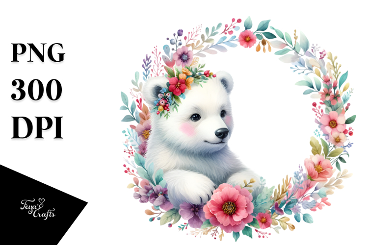 Colorful Baby Polar Bear Floral Clipart