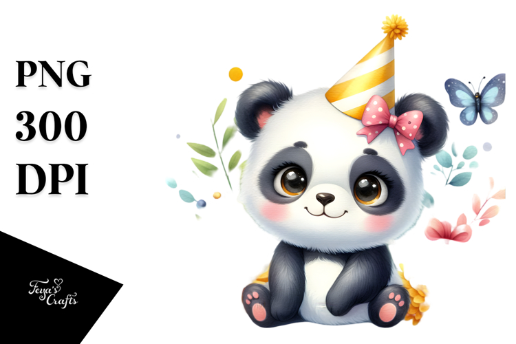 Colorful Baby Panda Party Hat Yellow Flowers Clipart