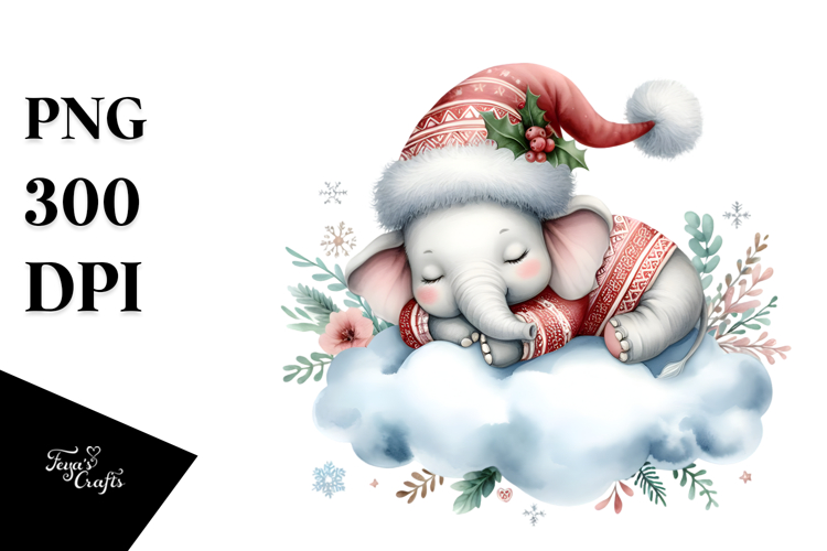 Boho Cute Baby Elephant Dressed for Christmas, PNG