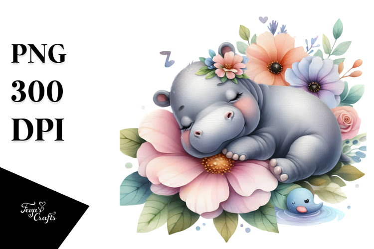 Baby Hippo Sleeping on Flower, PNG