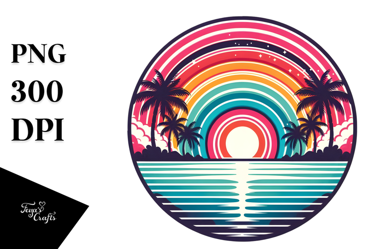 Retro Tropical Rainbow Sunset PNG