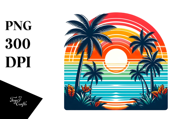 Retro Tropical Rainbow Sunset PNG