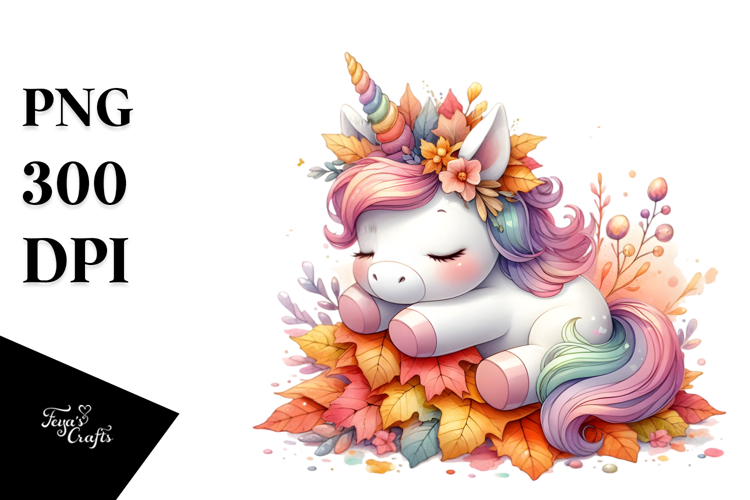 Colorful Baby Unicorn with Autumn Leaves PNG