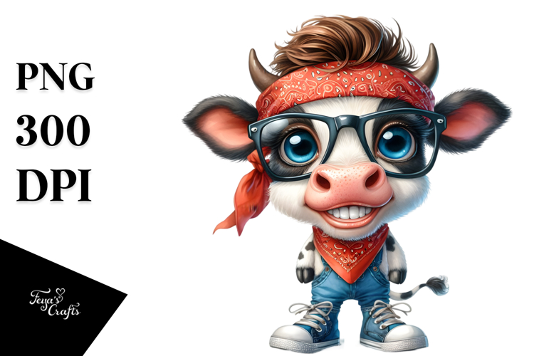 Watercolor Baby Cow Standing with Bandana and es