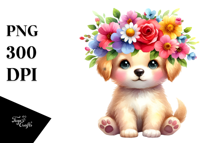 Colorful Flower Crown Puppy | Sublimation | Clipart