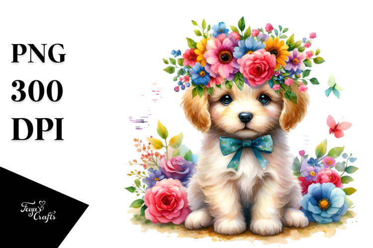 Colorful Flower Crown Puppy | Sublimation | Clipart