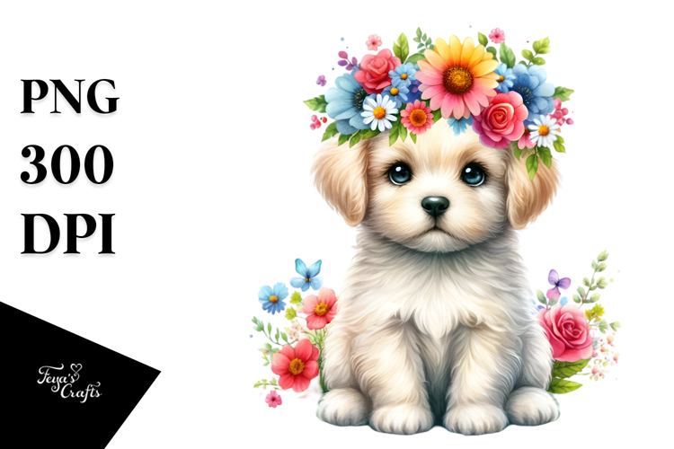 Colorful Flower Crown Puppy | Sublimation | Clipart