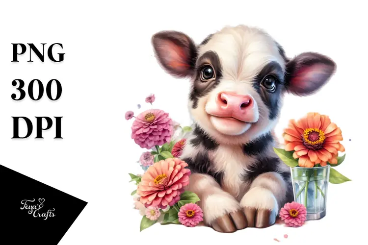 Highland Cow with Zinnia PNG