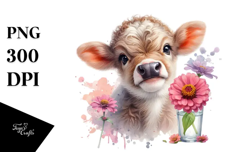 Highland Cow with Zinnia PNG