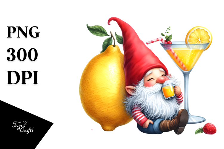 Cute Gnome Drinking a Cocktail with a Gigantic Lemon PNG