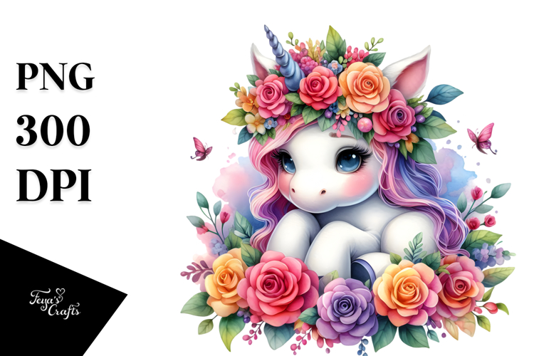 Cute Unicorn with Floral Wreath PNG