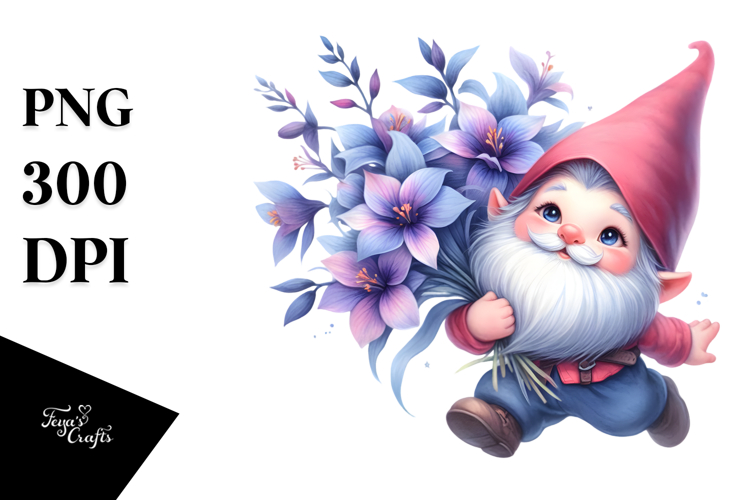 Floating Gnome with Lobelia, Unique Watercolor PNG