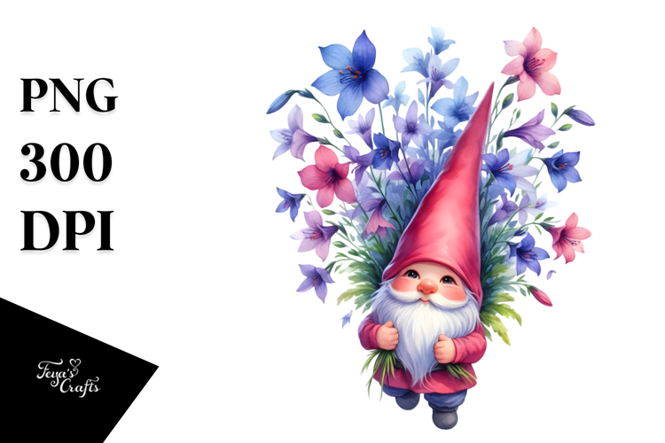 Floating Gnome with Lobelia, Unique Watercolor PNG