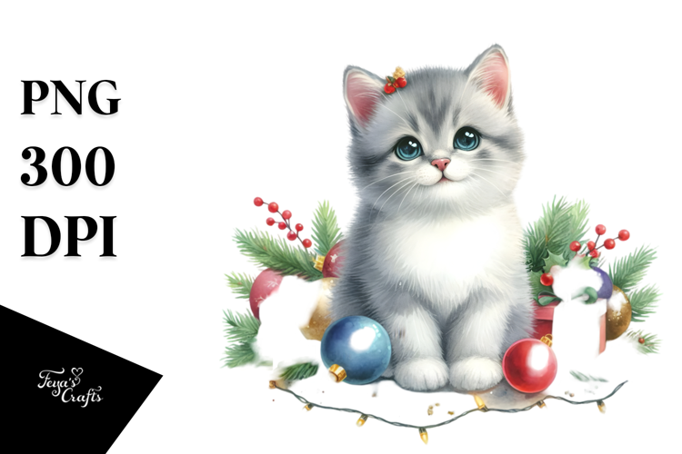 Sitting Christmass Cat with Decorations PNG