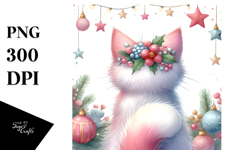 Watercolor Cat with Christmas Decorations