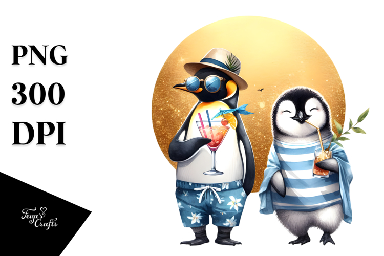 Watercolor Penguin with Beachwear Cocktail PNG