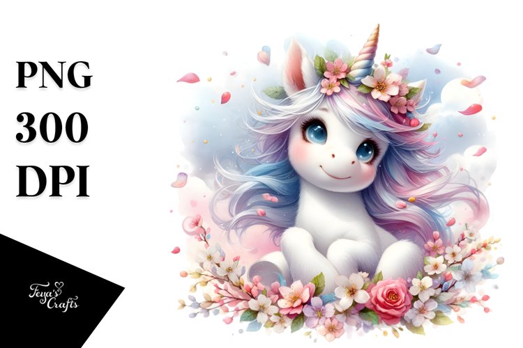 Cute Baby Unicorn Surrounded by Spring Petals | Clipart