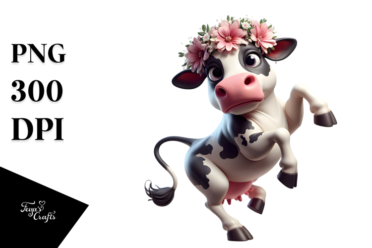Exaggerated Cow with Flower Crown PNG