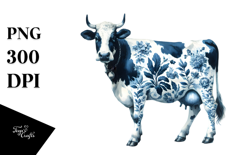 Blue Toile Cow Portrait, Vibrant Watercolor PNG