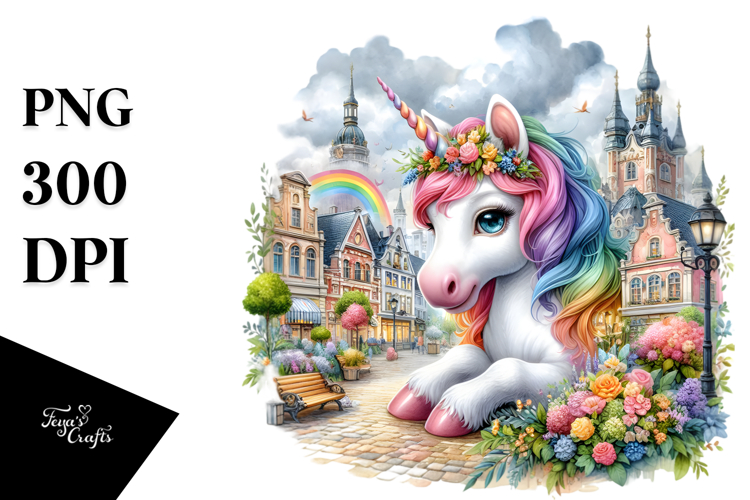Colorful Baby Unicorn with Village Square PNG