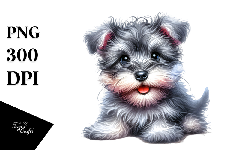 Watercolor Baby Miniature Schnauzer with Big Eyes,
