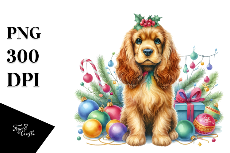 Vibrant Cocker Spaniel with Christmass Decorations PNG