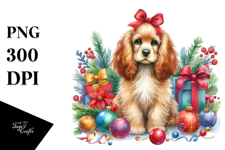 Vibrant Cocker Spaniel with Christmass Decorations PNG
