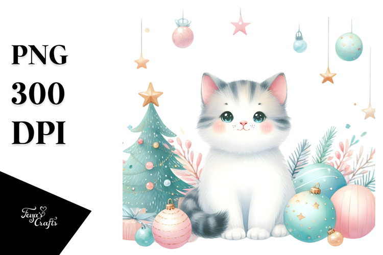 sitting Christmass Cat with Decorations PNG