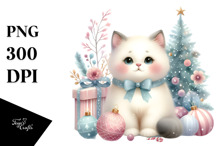sitting Christmass Cat with Decorations PNG