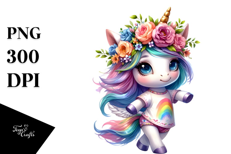 Cute Unicorn with Floral Wreath PNG