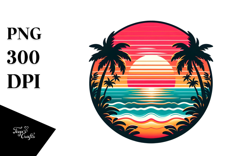 Retro Tropical Beach Sunset PNG