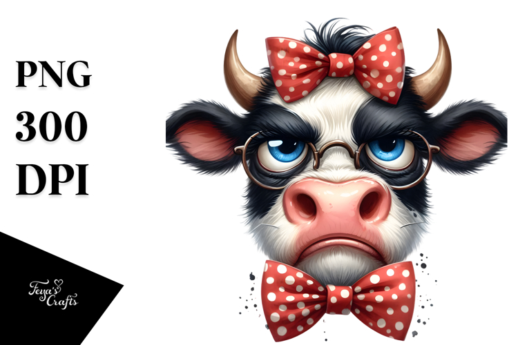Funny Expressive Cow with Bow, Detailed PNG