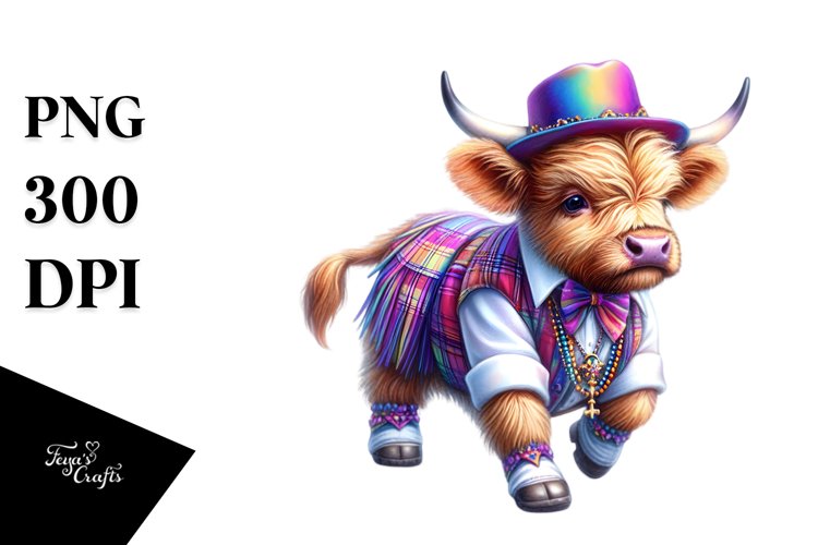 Colorful Baby Highland Cow in Dancers Attire