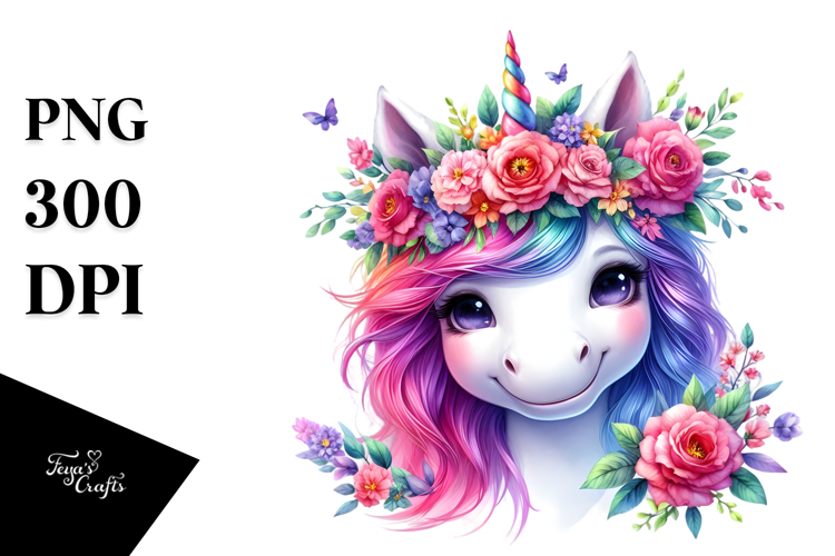 Cute Unicorn with Floral Wreath PNG