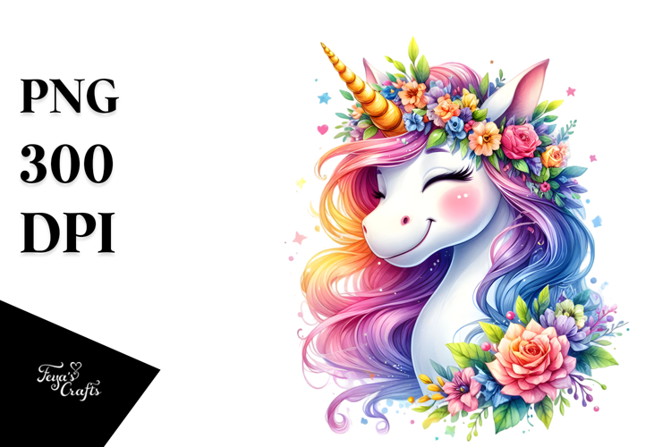 Cute Unicorn with Floral Wreath PNG