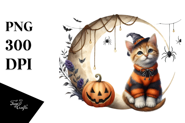 Spooky Kitten on Half Moon Halloween PNG