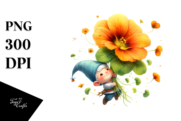 Watercolor Cute Gnome Falling Nasturtium | Clipart