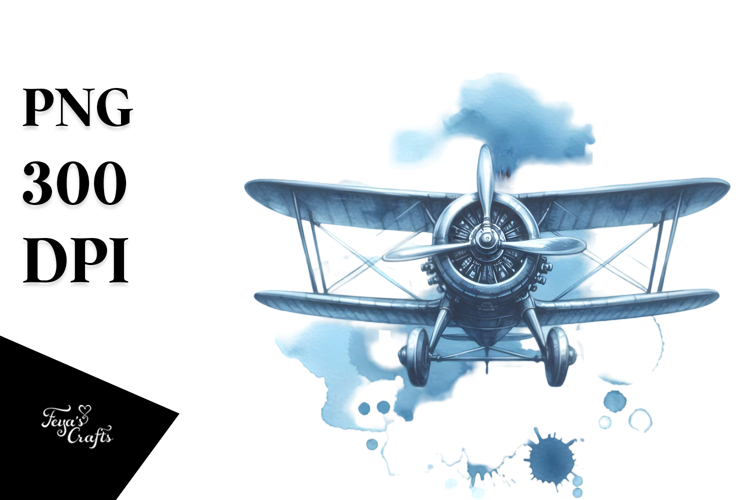 Watercolor Washed Blueish Vintage Plane | Clipart